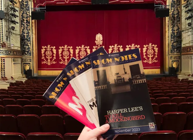 A hand holding three show brochures in front of a red curtain